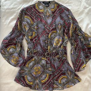 Etcetera Women's Red, Yellow and Gold Patterned Silk Blouse